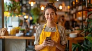 Smiling café worker in a yellow apron holding a smartphone in a cozy, plant-filled shop.